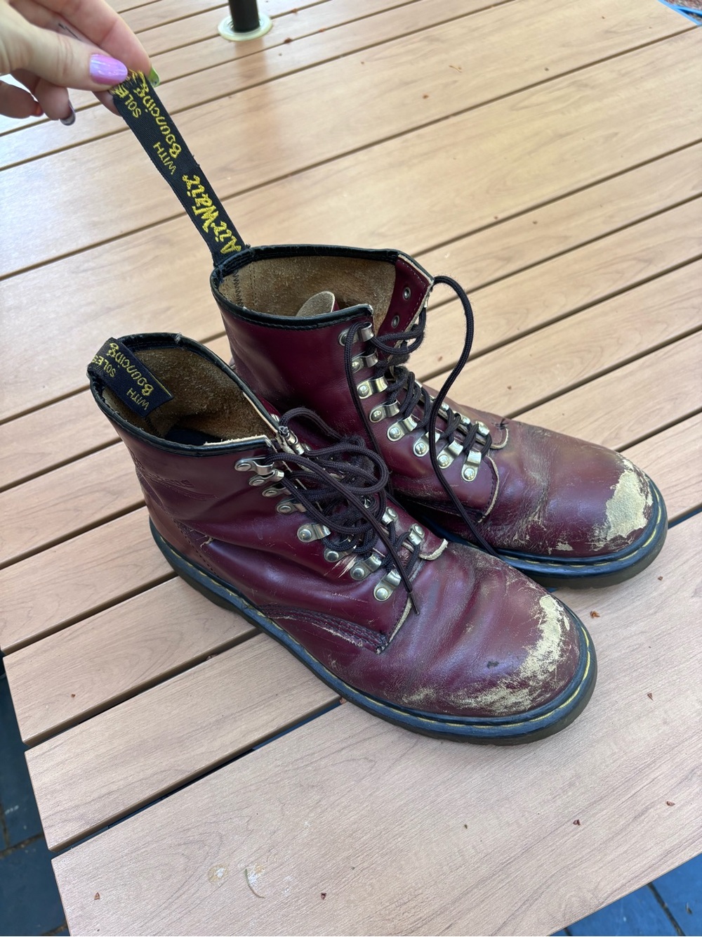 Vintage Distressed Dr. Martens Burgundy 1460 combat boots, made in England